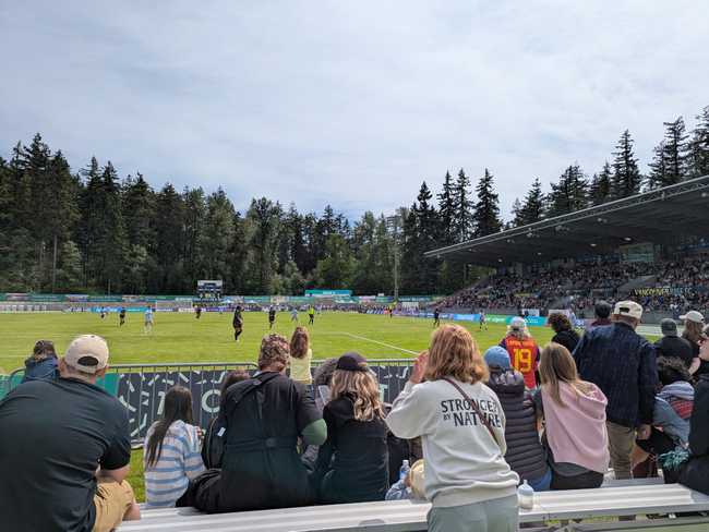 A soccer match. Behind the field is an evergreen forest.