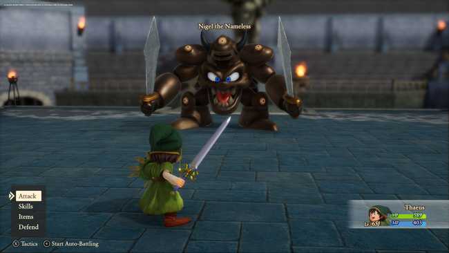 The hero faces a monster named Nigel the Nameless.