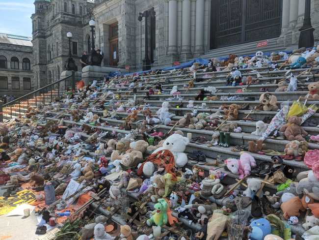 The stairs to the BC Legislature, covered in toys.