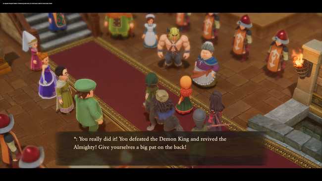 A group of NPCs are cheery the party. The text is "You really did it! You defeated the Demon King and revived the
Almighty! Give yourselves a big pat on the back!"