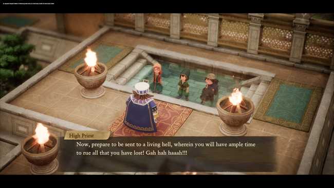 Maribel, the hero, and Ruff stand in a pool in front of a priest. His dialog reads, "Now, prepare to be sent to a
living hell, wherein you will have ample time to rue all that you have lost! Gah hah haaah!!!"