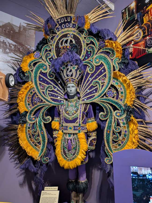 A glittery purple outfit resembling the tail of a peacock. Lots of feathers, glass beads, and purple and gold trim.