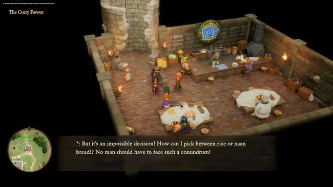 Chatting to an NPC in a bar. His dialog is "But it's an impossible decision! How can I pick between rice or naan
bread?! No man should have to face such a conundrum!"