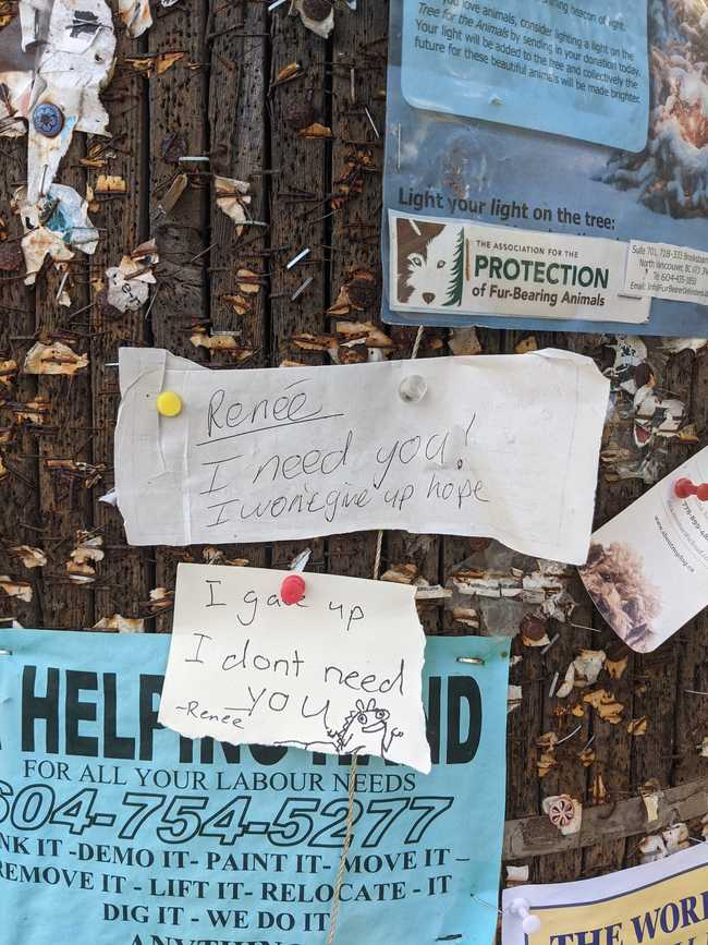 Notice pole. There are two handwritten notes. The first says "Renée, I
need you. I won't give up hope." The second says "I gave up. I don't
need you. --Renée."