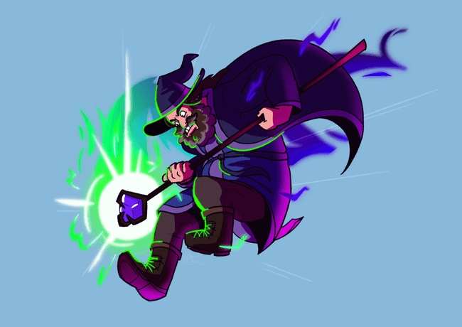 A drawing of a wizard in blue robes and a floppy hat.