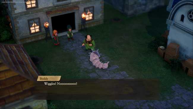 A fancy NPC is in shock after his pet worm monster dies. His dialog is "Wiggles! Nooooooo!"