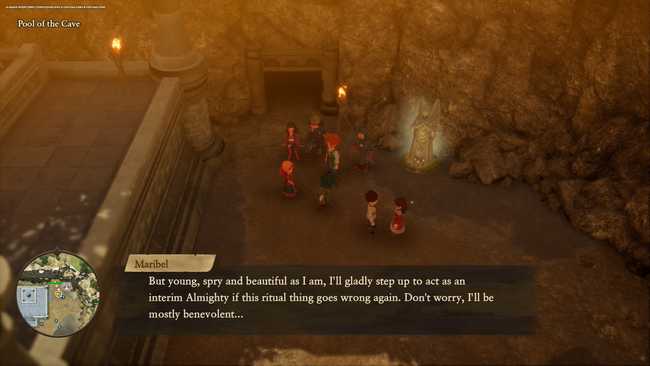 Party chat. Maribel says: "But young, spry, and beautiful as I am, I'll gladly step up to act as an interim Almighty
if this ritual thing goes wrong again. Don't worry, I'll be mostly benevolent..."