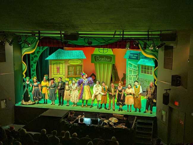 Inside a theatre. The cast are lined up on the edge of the stage for applause. In front of them is the pit, with three
musicians; and then a bit of the audience.