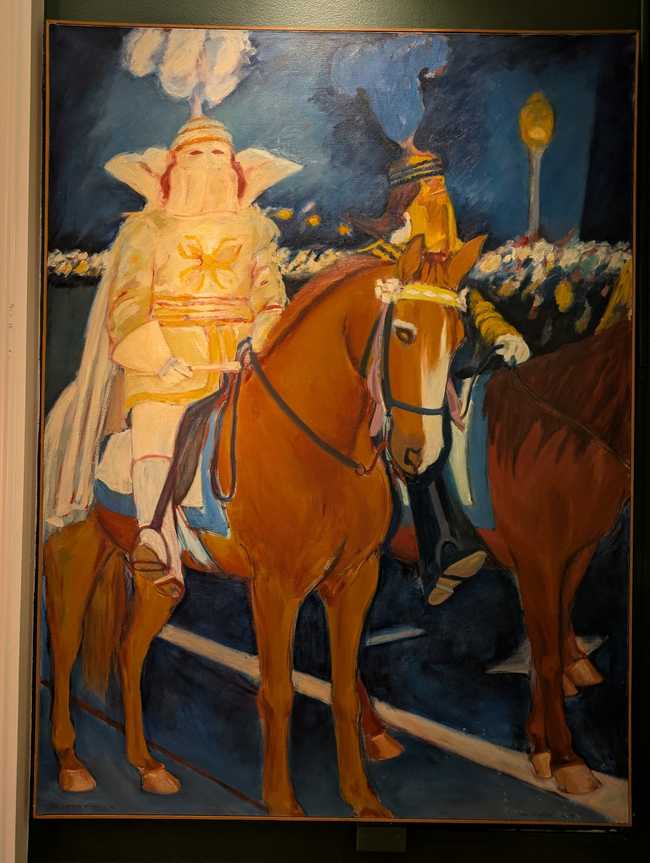 A painting of two men in robes and masks on horseback while a faceless crowd watches.