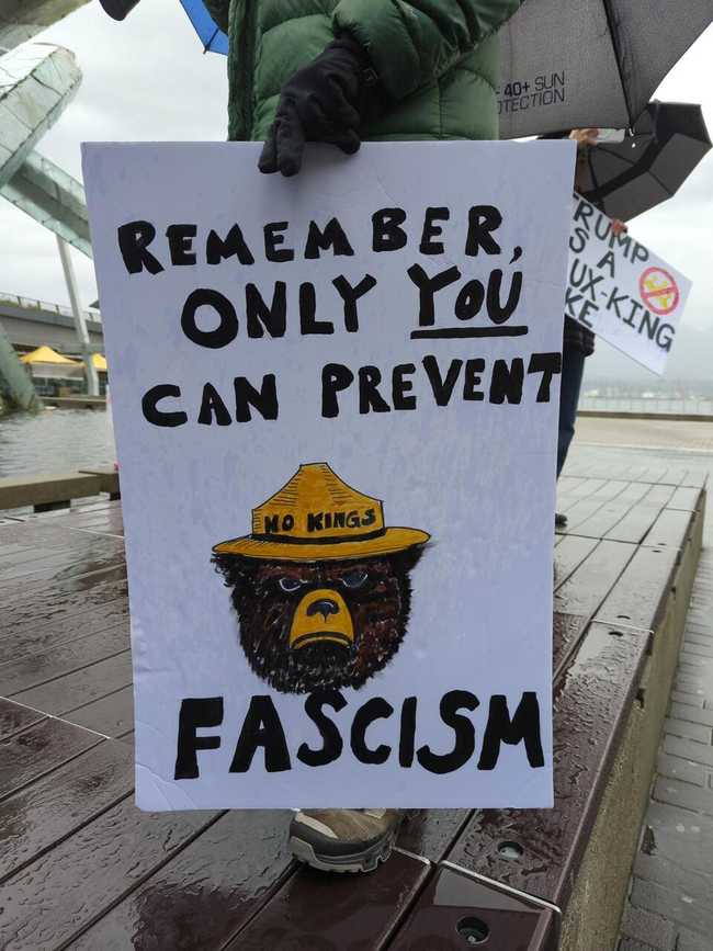 A protest sign with a picture of Smokey the Bear and the text "Remember, only you can prevent
fascism."