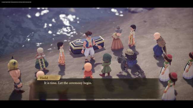 A group stand next to a coffin on a beach. The character Hadid is addressing the crowd. He says, "It is time. Let the
ceremony begin."